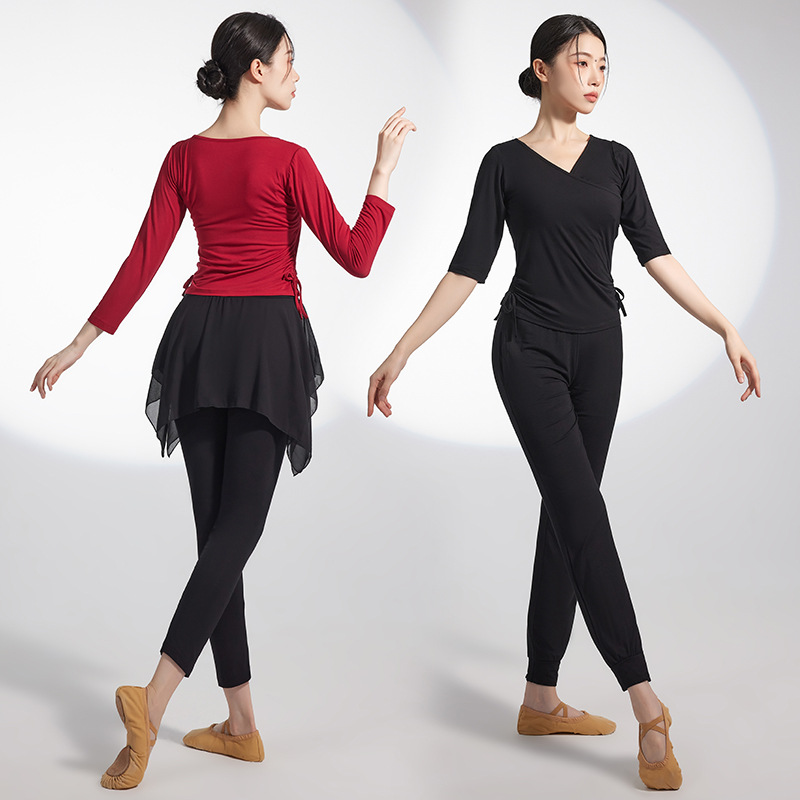 舞蹈考级夏季练功服上衣女成人形体黑色衣服现代古典舞拉丁舞