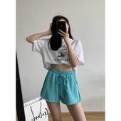 高腰跑步居家睡裤 休闲热裤 女夏外穿纯色阔腿宽松大码 显瘦运动短裤