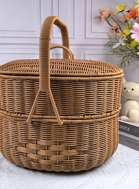 A399椭圆形仿藤手工编织野餐篮双层拜拜篮双层田园藤编手提篮