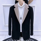 中长款 秋冬外套男韩版 拼色翻领男士 毛呢大衣简约百搭帅气网红风衣