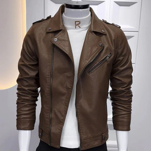 网红英伦风男士 痞帅社会小伙机车皮衣短款 夹克 韩版 加绒外套男冬季