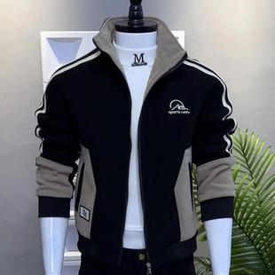 精神小伙外套男冬季拼色痞帅短款立领男士夹克加绒加厚棉服个性