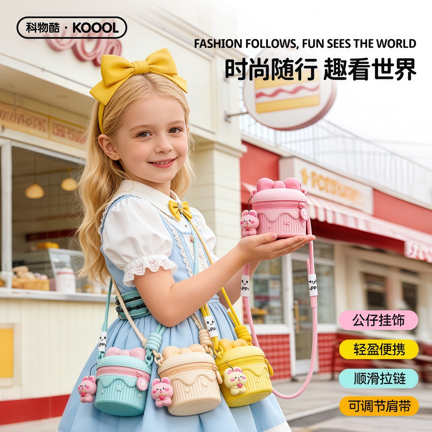 科物酷2026新款儿童斜挎包腰包女童男孩可爱高颜值零钱小包水桶包