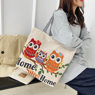 新款卡通绣花休闲手提包女款帆布包妈咪购物袋环保手提袋学生书包
