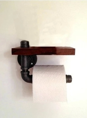 美式复古实木墙上纸巾架铁艺做旧水管置物架卫生间创意壁挂卷纸架