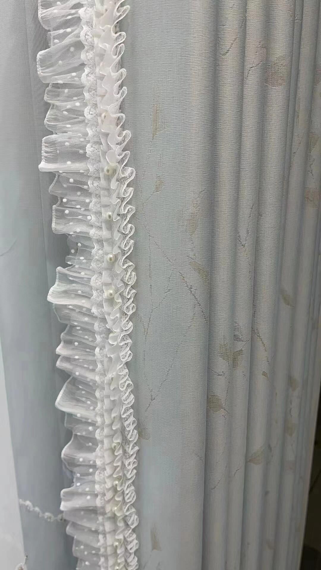 窗帘布艺花边法式褶皱白色半透明侧拼接网纱钉珠蕾丝侧边拼接装饰
