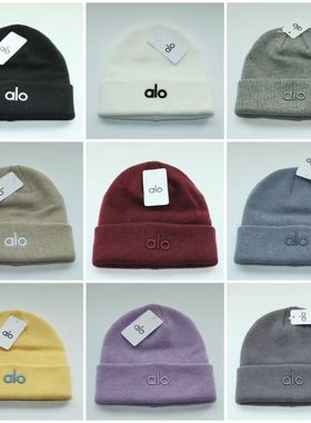 官网正品ALO时尚针织帽男女刺绣圆顶弹力毛线帽冬季休闲情侣冷帽