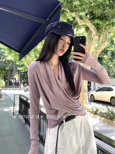 新款 优雅气质显瘦交叉荡领修身 SE白标秋季 针织长袖 小衫