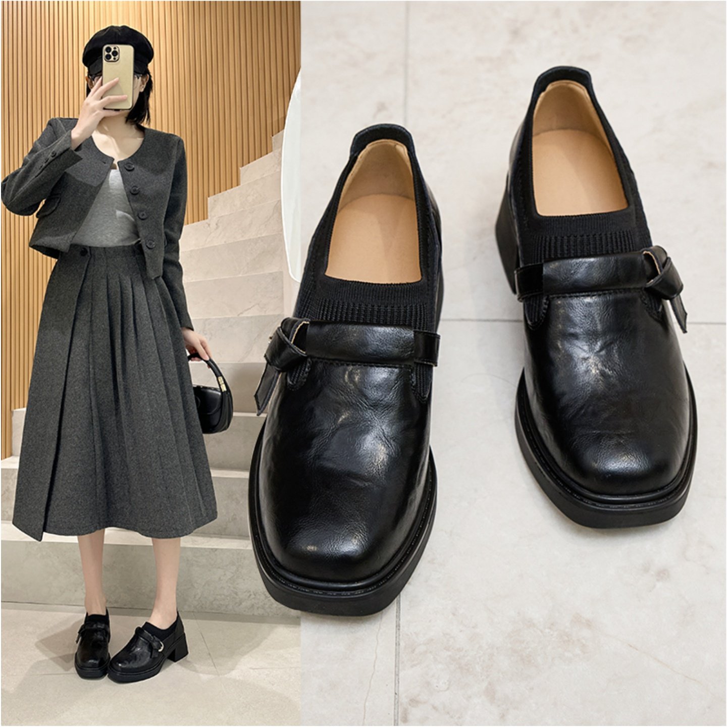 百丽夏真皮英伦风深口单鞋女皮带扣乐福鞋一脚蹬通勤百搭小皮鞋女,女鞋,深口单鞋,淘宝优惠券,粉丝福利购,淘宝优惠卷