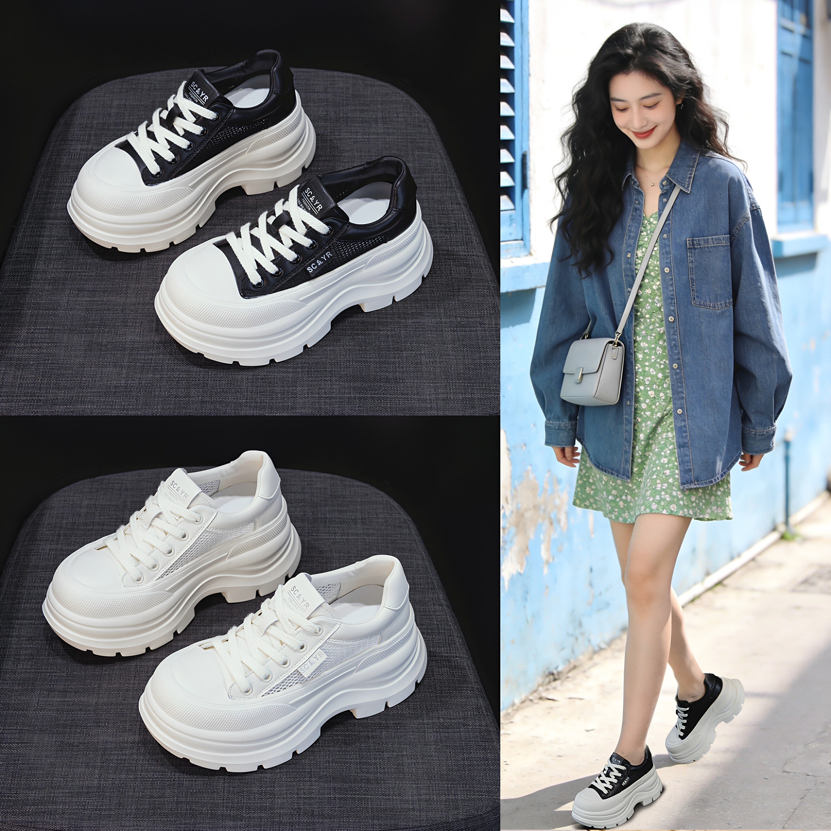 百丽夏休闲风厚底小白鞋女网面透气轻便小个子增高显瘦时尚老爹鞋