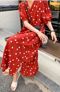 韩国东大门代购2026夏季新款style lounge 波点棉麻连衣裙