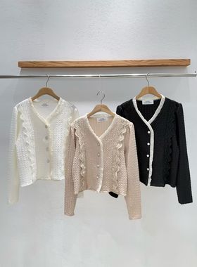 韩国东大门代购2026春新款INTRO时尚花边针织毛衣开衫