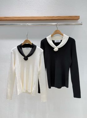 韩国东大门2026春新品INTRO时尚百搭拼色V领长袖针织衫女