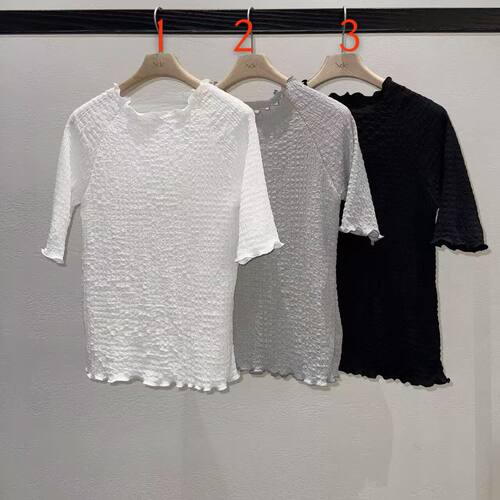 韩国东大门2026春季新款Nde泡泡纱褶皱夏肌理感薄款正肩短袖T恤女