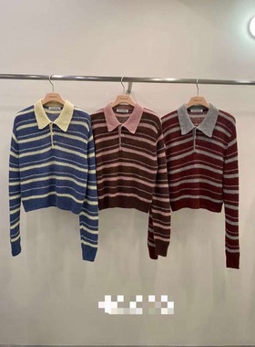 韩国东大门2025秋季新品Remaking时尚拼色条纹翻领长袖针织衫上衣