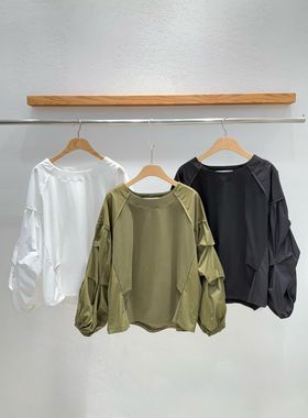 韩国东大门2026春新品INTRO时尚百搭纯色设计灯笼袖圆领衬衫