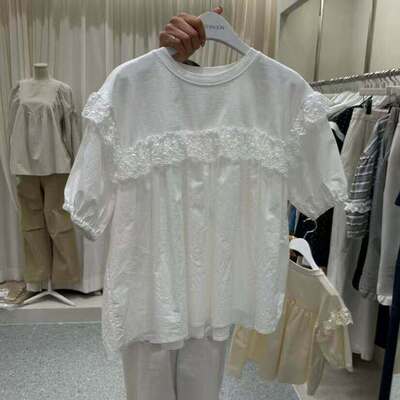 韩国东大门2026春季新款AFTERNOON圆领泡泡袖刺绣蕾丝衬衫女
