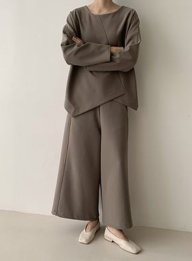 韩国东大门2025秋季新品Neutra百搭休闲圆领宽松上衣+阔腿裤套装