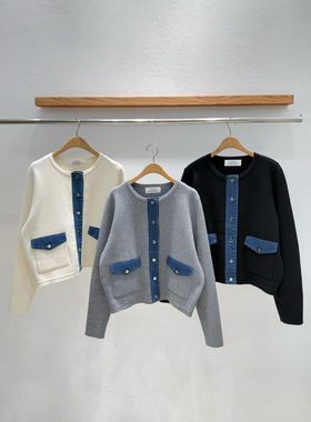 韩国东大门2026春新品INTRO时尚百搭拼接牛仔圆领长袖针织开衫女