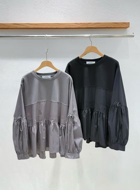 韩国东大门2026春新品INTRO时尚百搭拼接圆领下摆长袖T恤女