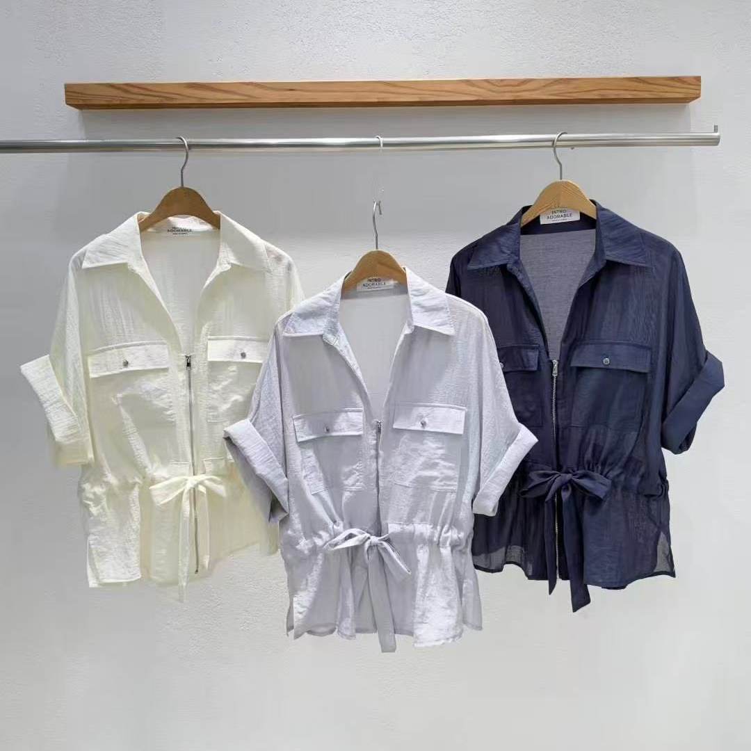 韩国东大门2025秋季新款INTRO设计感翻领拉链抽绳收腰系带衬衫