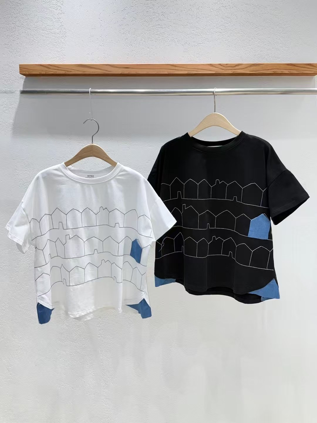 韩国东大门代购2025夏新品INTRO 圆领拼色短袖时尚上衣