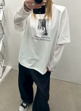 韩国东大门2026春新品hertz时尚百搭圆领长袖印花假二件T恤女