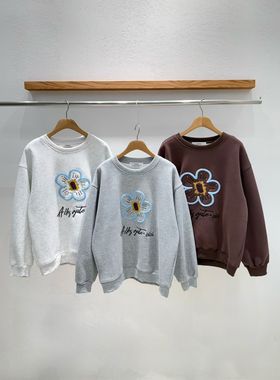 韩国东大门2026春新品INTRO时尚百搭纯色圆领宽松花朵加绒卫衣