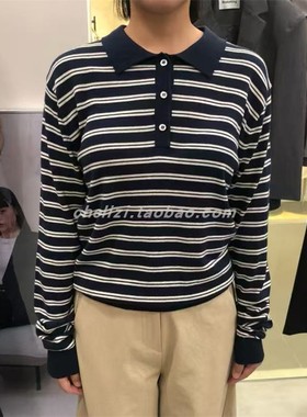 韩国东大门2025秋季新品Remaking复古个性Polo翻领条纹宽松针织衫