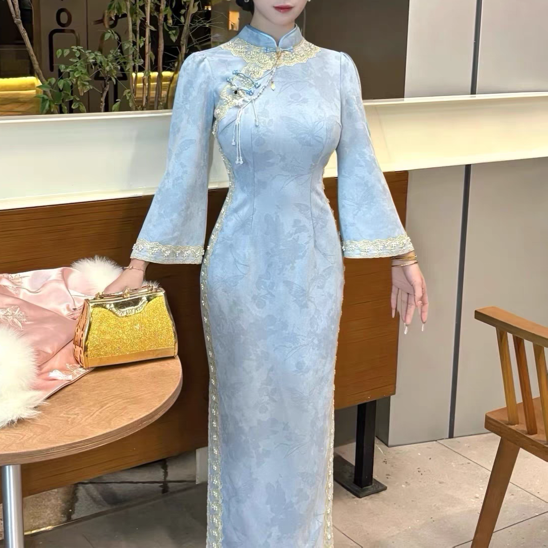 芳同学自制#新中式国风秋冬麂皮绒珠链蕾丝旗袍温柔连衣裙