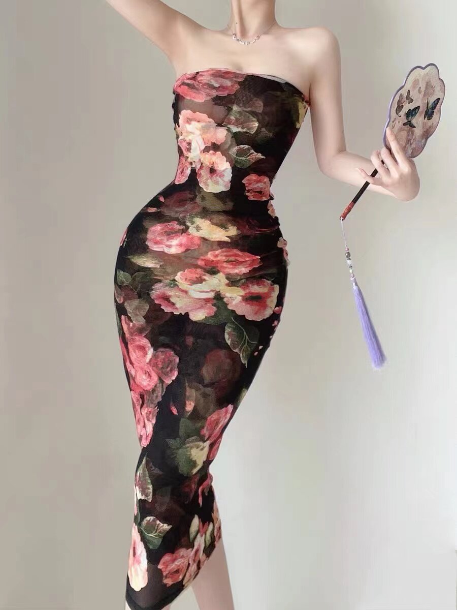 芳同学 暗夜花 油画抹胸连衣裙 小众设计感性感复古包臀裙女人味