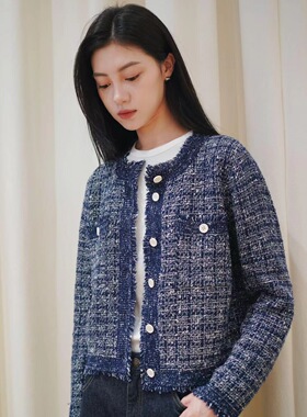 小禾原纱~新色夹花深蓝真丝羊毛混纺针织外套小香风短外套