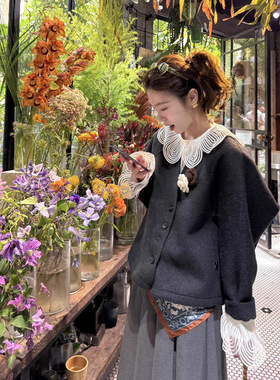 美到犯规 格雷系千金手工双面毛呢外套大衣+贡缎棉花瓣绣花领衬衫