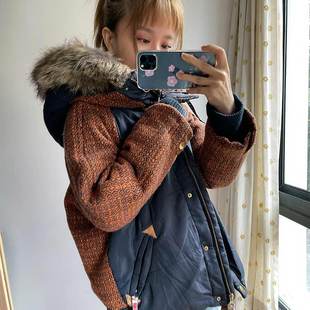 国内现货 mercibeaucoup, 宇津木羊毛毛呢撞色大毛领连帽棉衣外套