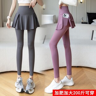 春秋大码瑜伽裤假两件口袋鲨鱼裤女款2026春装新款胖MM打底裤子