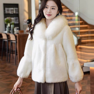 仿狐狸毛水貂毛皮草皮衣女秋冬新款 休闲潮流外套 毛领加厚百搭时尚