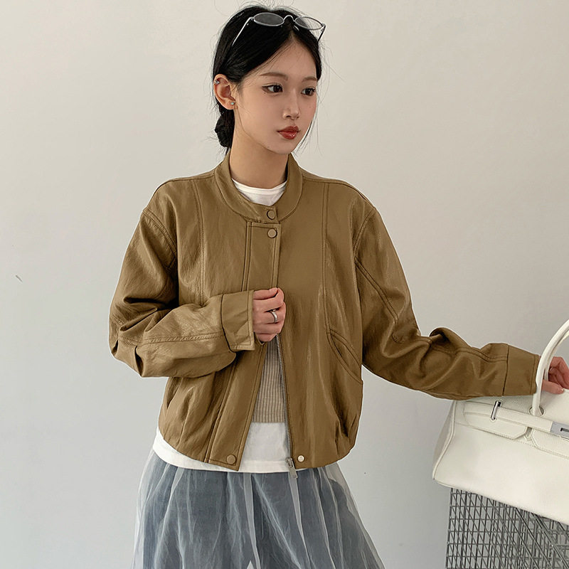 韩版短款皮衣外套女款秋季新款圆领复古简约百搭免洗pu皮夹克上衣