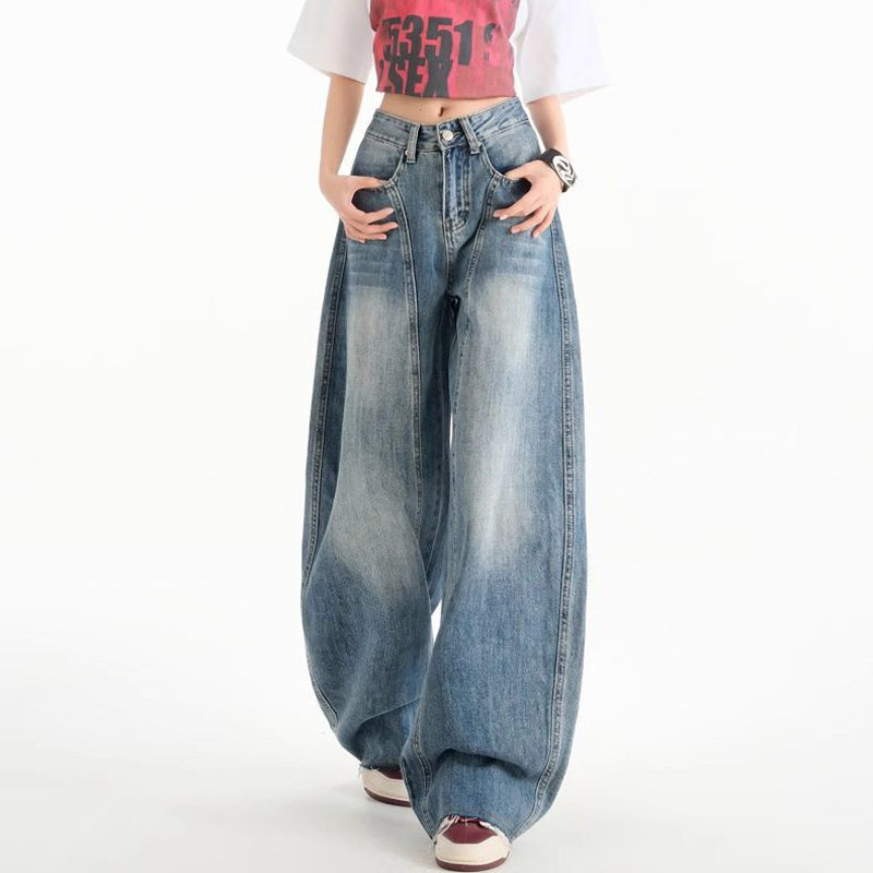 秋胖MM复古做旧水洗宽松阔腿大码牛仔裤女美式设计直筒垂感弯刀裤,女装/女士精品,牛仔裤,淘宝优惠券,粉丝福利购,淘宝优惠卷
