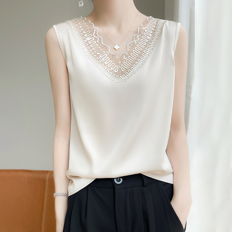 白色高端漂亮网纱T恤女款2025夏季新款v领无袖小背心拼接宽松上衣