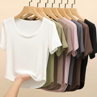 白色绝美短袖t恤女款2026新款夏季薄款正肩内搭u领外穿短款打底衫