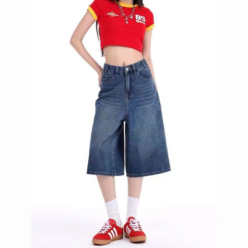慵懒风高腰阔腿牛仔七分短裤女夏季新款大码胖mm小众宽松直筒裤子