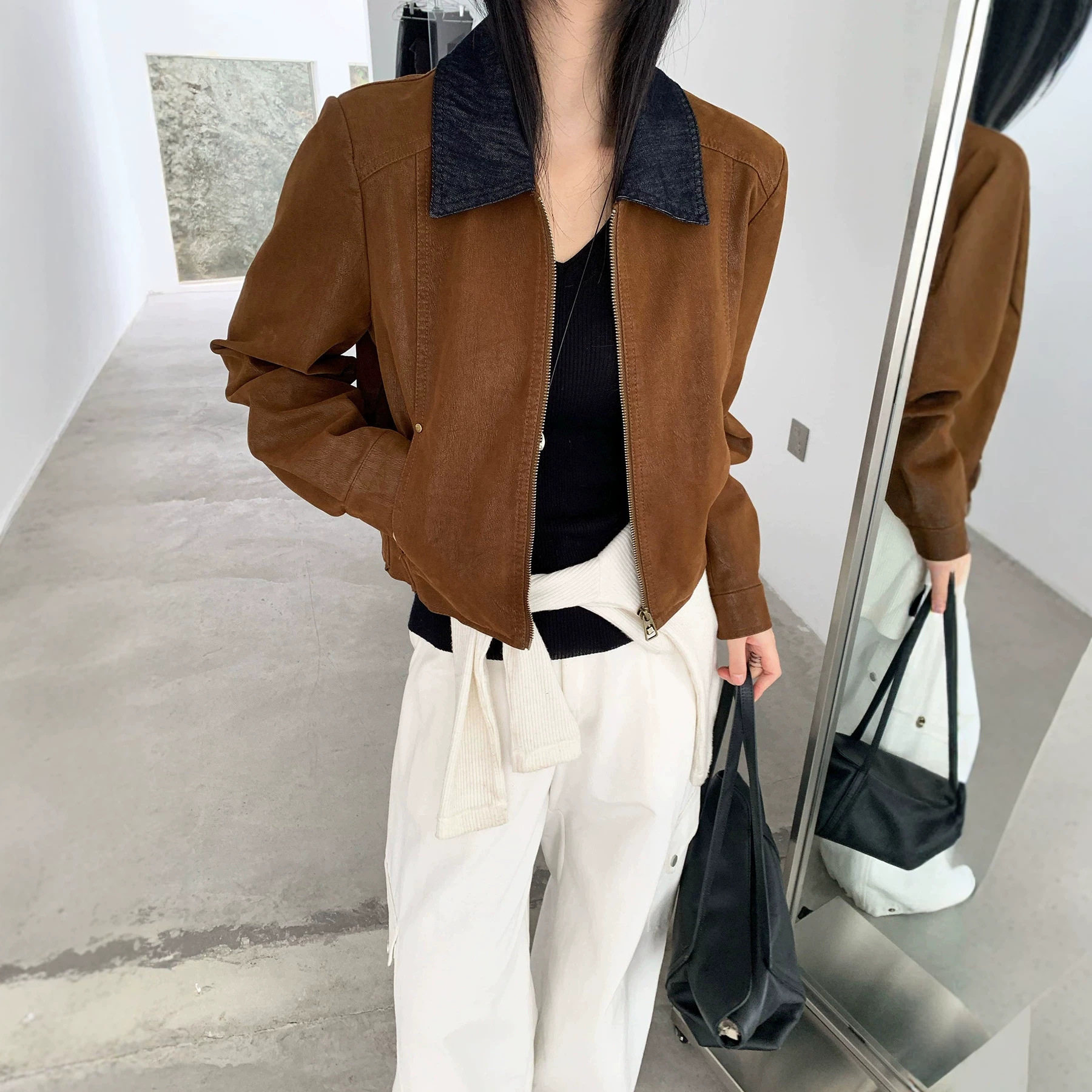 韩系极简复古撞色皮衣外套女款2026秋冬新款小个子版型好的皮夹克