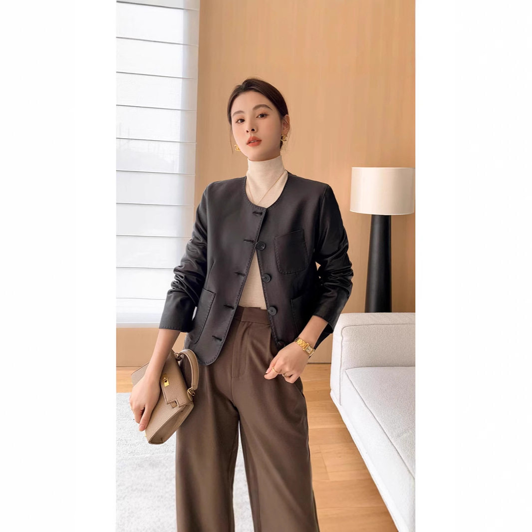 2026秋装新款海宁皮衣女短款头层真皮绵羊皮时尚圆领外套女款春秋