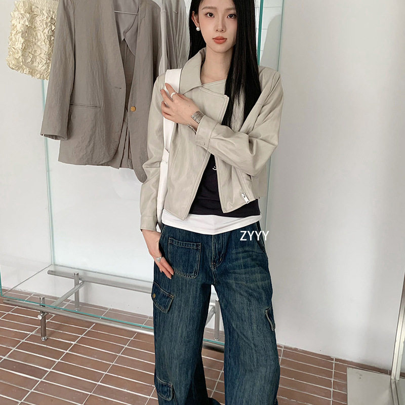 外套女款2026夏季薄款新款小个子韩版短款皮衣修身帅气翻领皮夹克