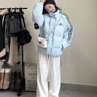 超火条纹立领棉服女款外套2025冬装新款学生街头短款棉衣面包服