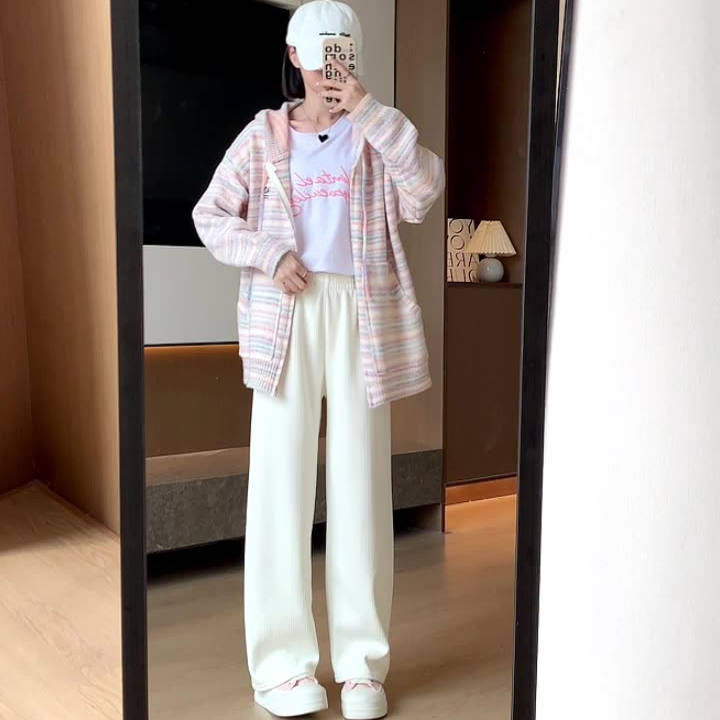 窄版竖条纹加绒阔腿裤女款春装新款宽松显瘦高腰垂感直筒休闲裤子