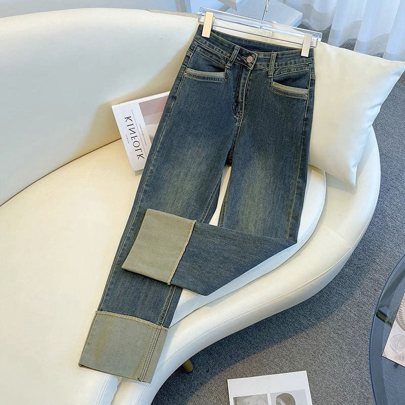 直筒牛仔裤女款春秋新款高腰修身复古弹力通勤九分小个子烟管裤子