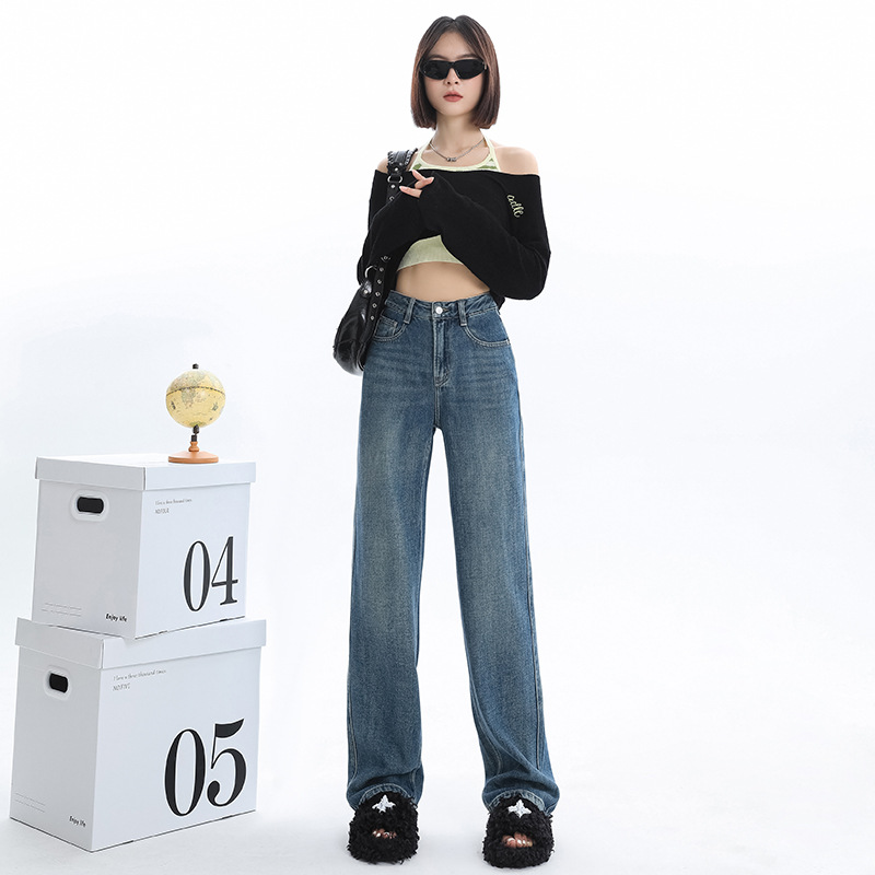 高级感薄款牛仔裤女款2025夏季新款蓝色高腰垂感小个子窄版直筒裤