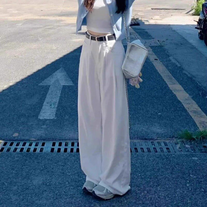 白色百搭阔腿牛仔长裤女款春秋胖mm大码设计感宽松高腰休闲拖地裤