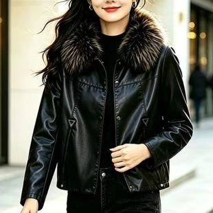 小个子版型好的外套女款秋冬新款加绒加厚皮衣洋气毛领短款皮夹克